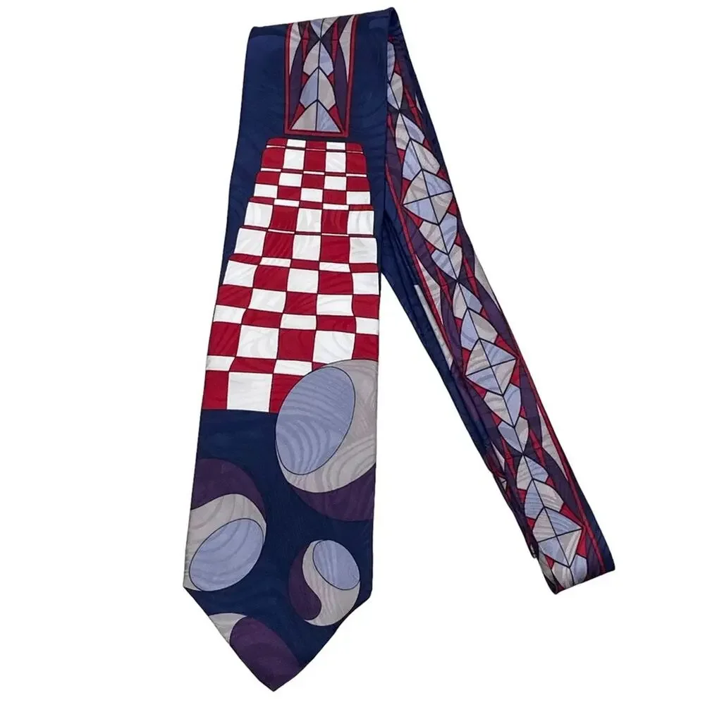 Vintage Valentino Blue Red Abstract 100% Silk Made In USA Neck Tie